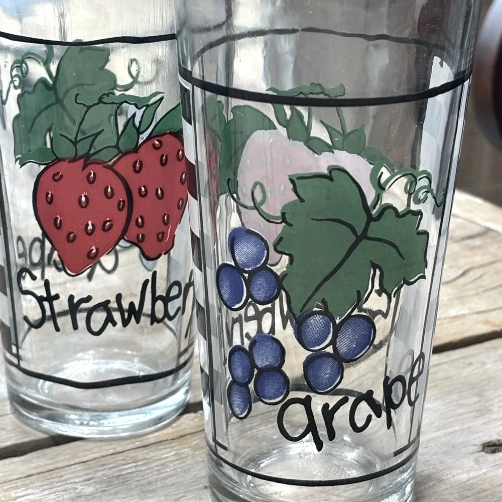 4 Vintage KIG Checkerboard Fruit Glasses. Numbered | Grape | Strawberry | Fruit